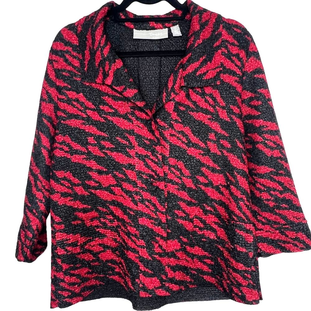 Chico's Small Travelers Collection Button Front Ruched Smocked Red Black Jacket